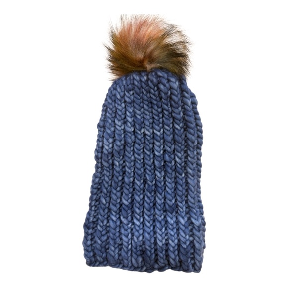 Hand knit blue variegated knit hat with faux fur pom main image 4